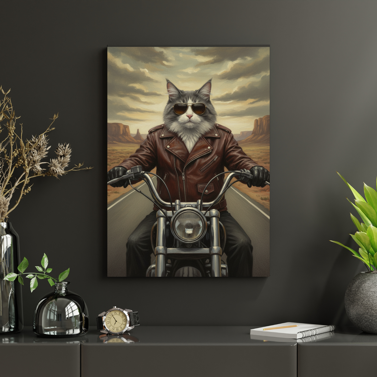 Framed print of an oil-style portrait featuring a cat in a leather jacket and sunglasses riding a motorcycle in a