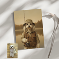 A custom AI-generated portrait of a small white dog wearing a hat and holding a fishing rod. The artwork is