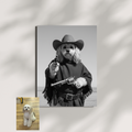 Framed print of a custom black-and-white cowboy pet portrait, featuring a fluffy dog as an outlaw in a desert landscape.