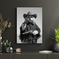 A framed print on a dark wall featuring a black-and-white digital portrait of a dog dressed as an outlaw in