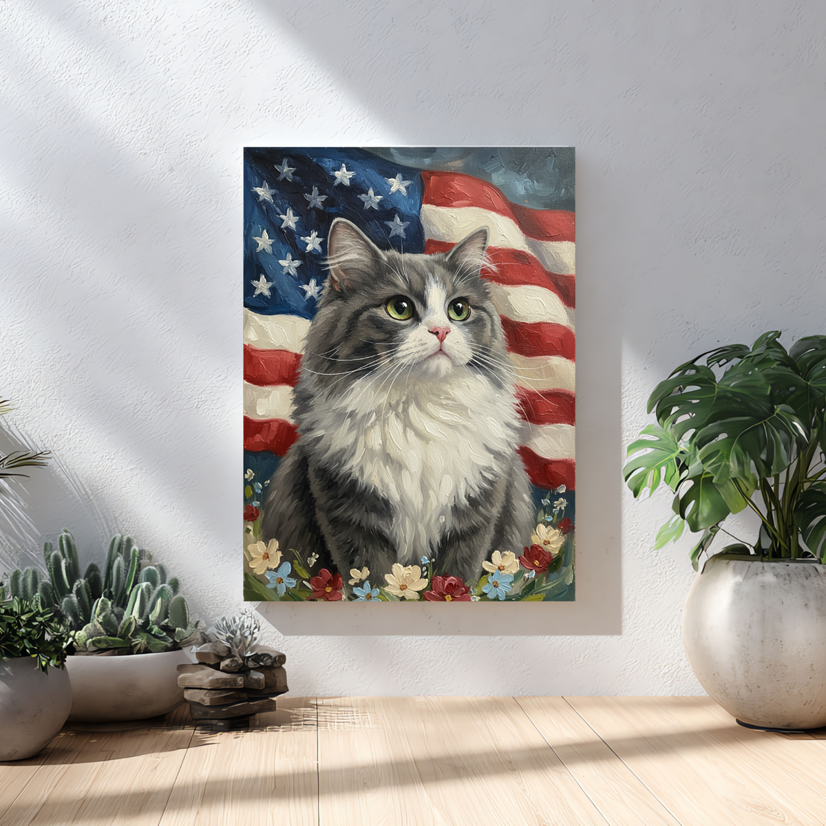 Framed oil painting print of a grey and white fluffy cat against an American flag background, displayed in a room