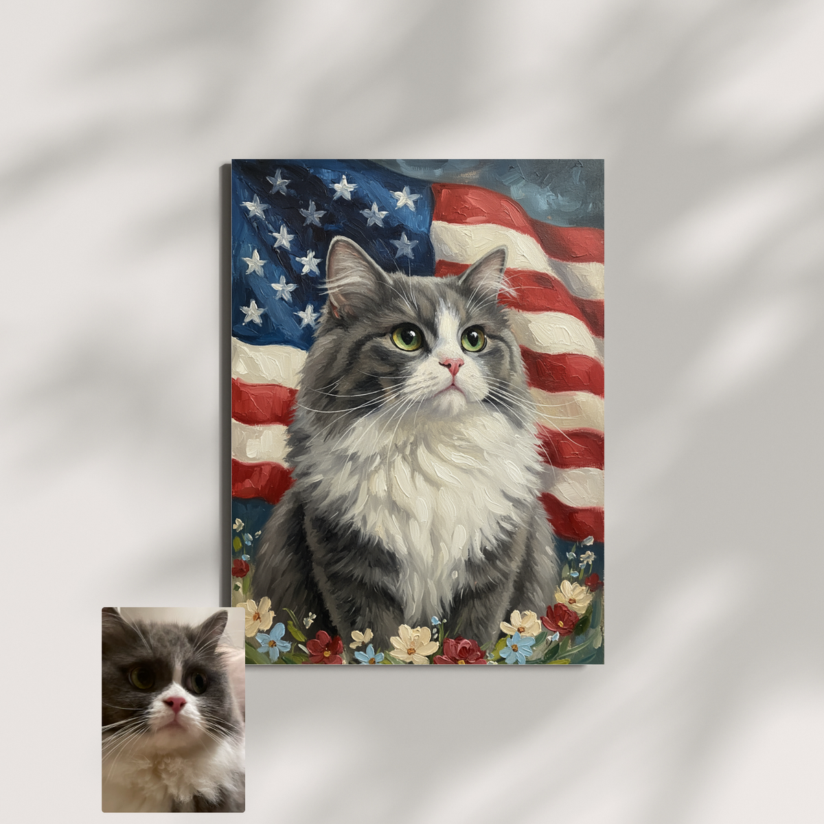 A custom AI-generated portrait of a cat with a flag background.