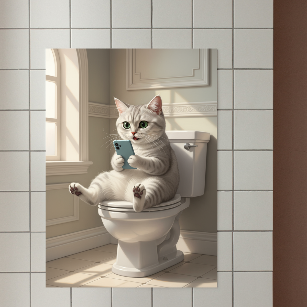 A custom AI-generated portrait of a cat sitting on a toilet, holding a cell phone.