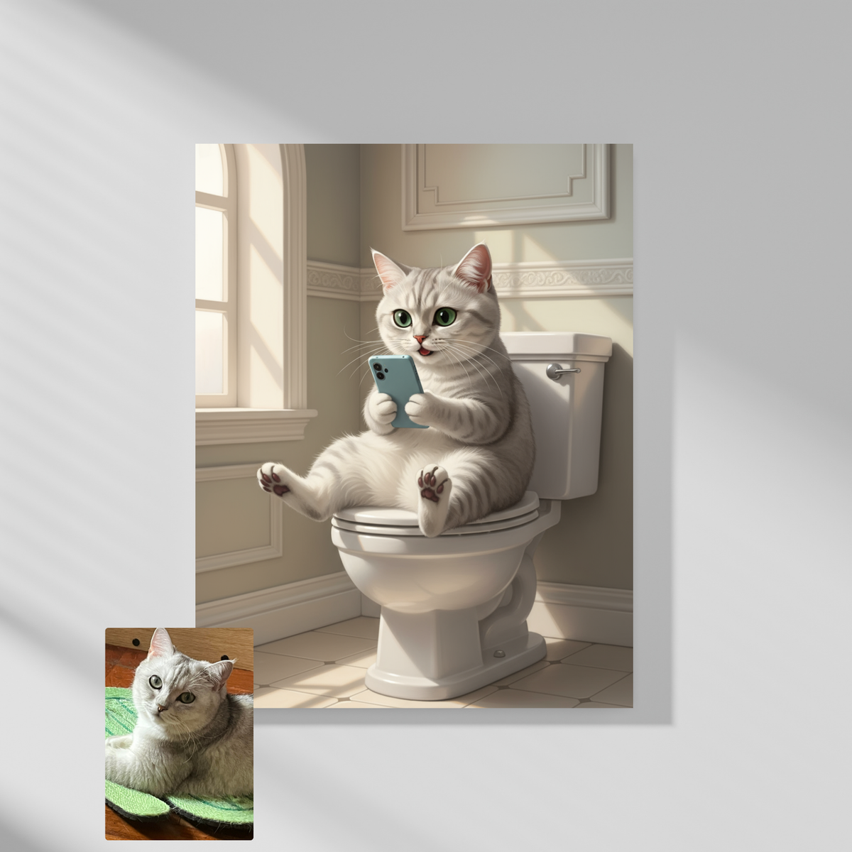 A custom AI-generated portrait of a cat sitting on a toilet. The art style is a mix of watercolor and