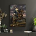 Framed print of a pet cat dressed as a prince in a regal oil painting style, riding a horse against