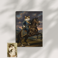 A framed print of a regal pet cat in 18th-century royal attire riding a horse, depicted in a classic oil