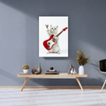 A framed print of a white cat playing a red electric guitar in a rockstar pose, displayed on a textured