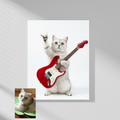 A custom AI-generated portrait of a cat holding a guitar.