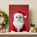 Framed print of a custom pet portrait featuring a cat dressed as Santa Claus with a beard against a red
