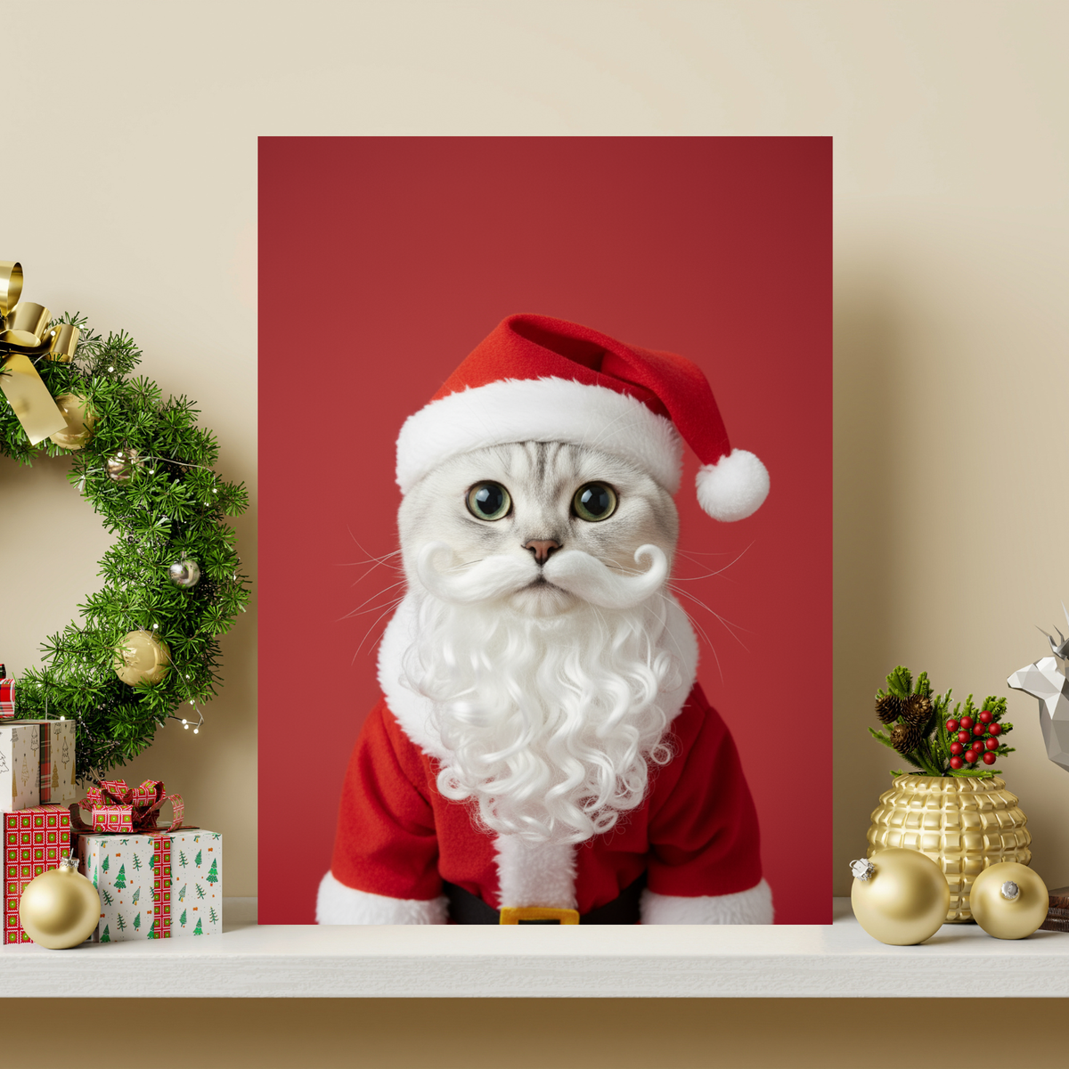 Framed print of a custom pet portrait featuring a cat dressed as Santa Claus with a beard against a red