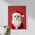 Framed print of a custom pet portrait featuring a silver cat dressed as Santa Claus with a white beard against