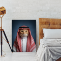 A framed print of a ginger cat in traditional Arab attire, set in a cozy bedroom with a brick wall