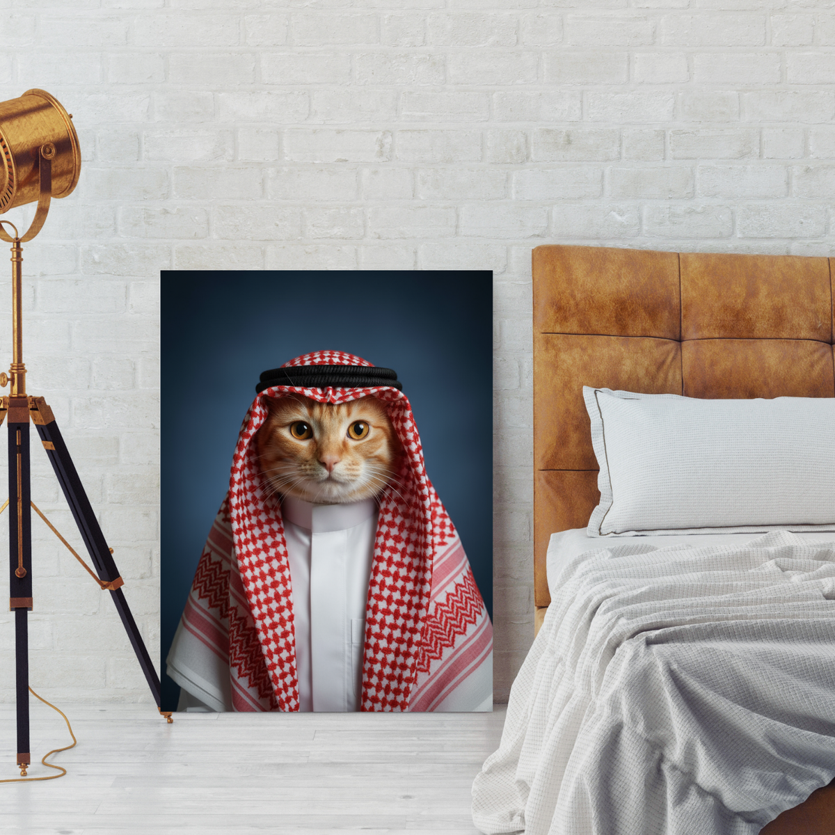 A framed print of a ginger cat in traditional Arab attire, set in a cozy bedroom with a brick wall