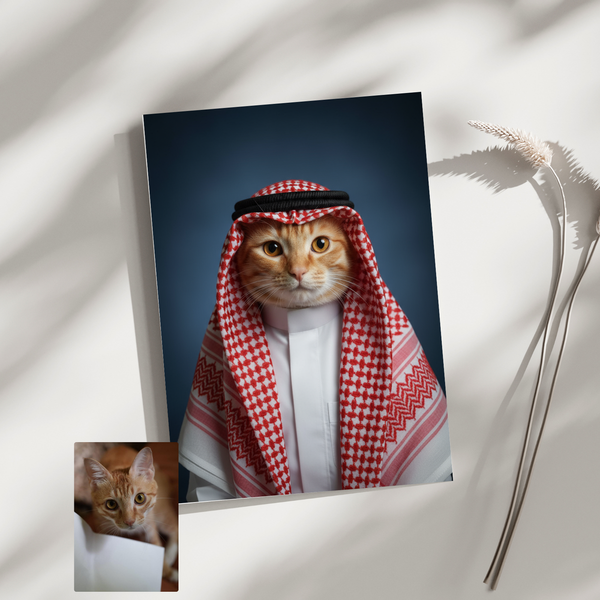 A framed print of an orange tabby cat wearing a traditional white thobe and red-patterned shemagh, set against a blue