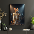 A custom AI-generated portrait of a cat dressed as Elvis singing into a microphone.
