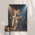 Framed print on a wall displaying a digital art portrait of an orange tabby cat in a gold-adorned Elvis-style stage