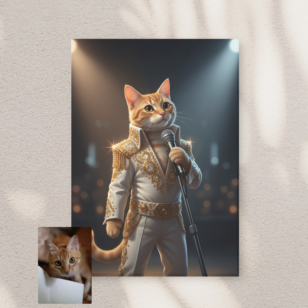 Framed print on a wall displaying a digital art portrait of an orange tabby cat in a gold-adorned Elvis-style stage