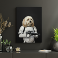 A custom AI-generated portrait of a dog dressed in a Stormtrooper costume, holding a gun. The art style is a
