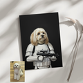 A custom AI-generated portrait of a dog in a Stormtrooper costume.