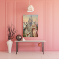 A framed print of an oil-style portrait featuring a cat as a princess riding a unicorn before a castle in