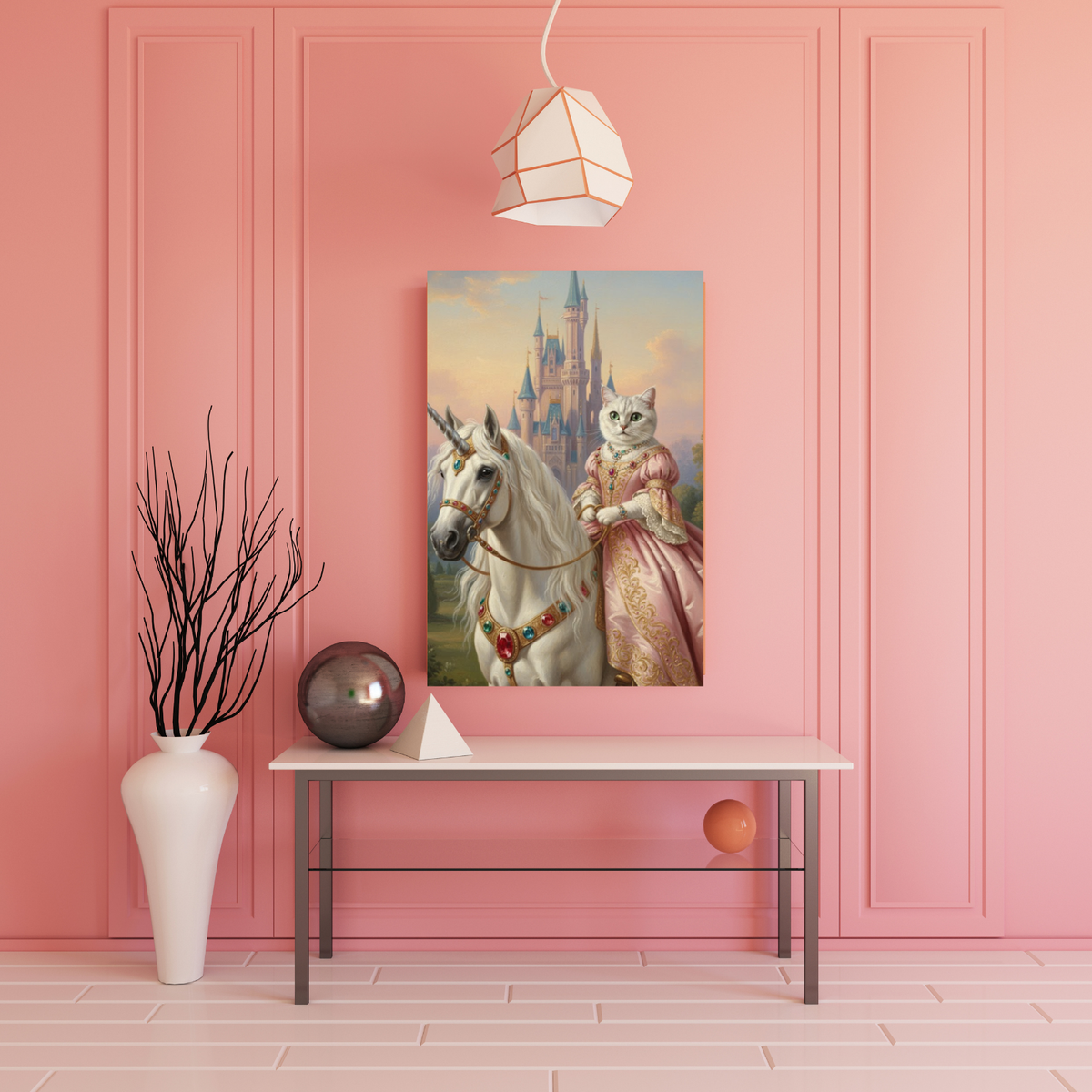 A framed print of an oil-style portrait featuring a cat as a princess riding a unicorn before a castle in