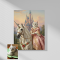 A framed wall print featuring an oil painting of a silver cat as a princess riding a unicorn in front