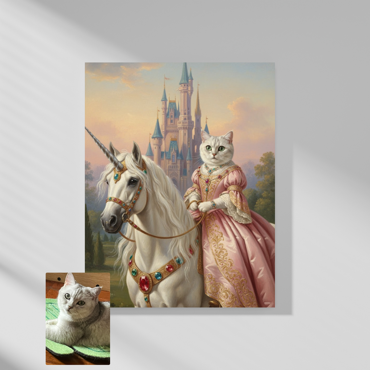 A framed wall print featuring an oil painting of a silver cat as a princess riding a unicorn in front