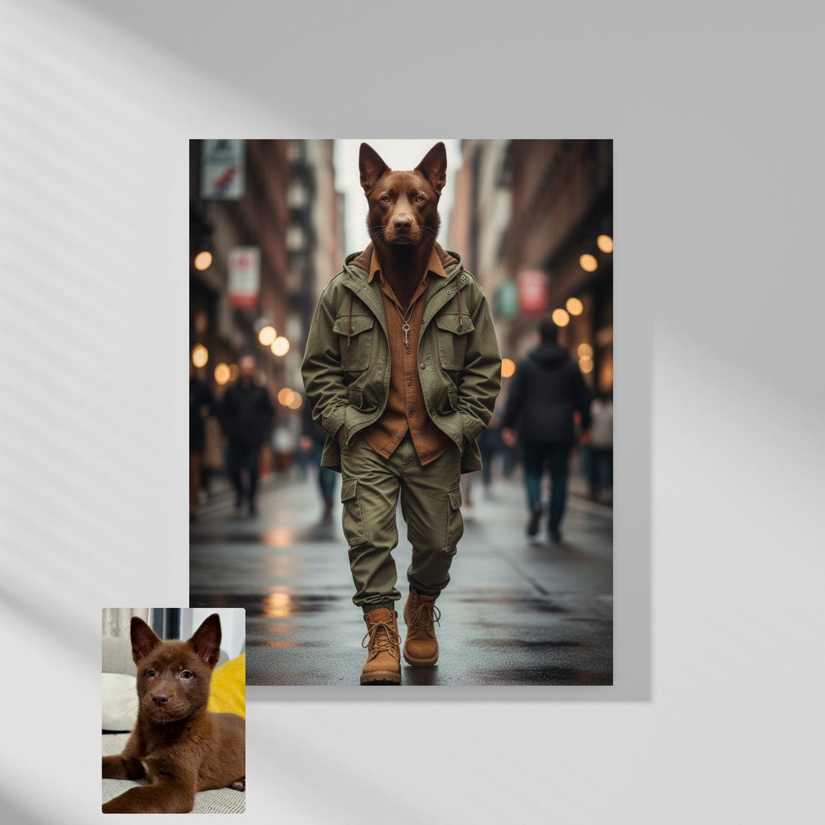 Artzuzu custom portrait of a brown dog wearing an urban trench jacket and boots, displayed as a sleek framed wall