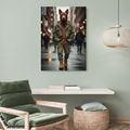 Framed print of an AI-generated portrait featuring a dog in a brown shirt and olive trench coat walking on a