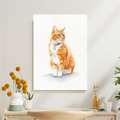 Watercolor portrait of an orange and white tabby cat displayed as a framed wall print in a modern home office