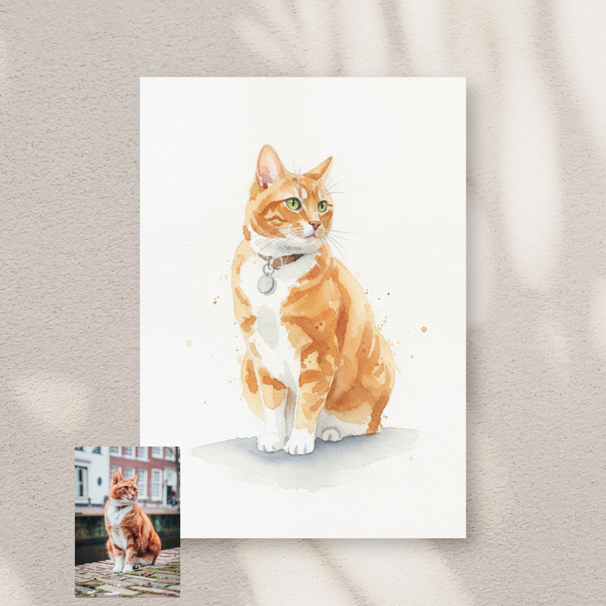 Custom watercolor portrait of an orange and white tabby cat, displayed as a print on a textured wall.