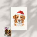 Watercolor portrait of a brown dog wearing a red Santa hat, displayed as a clean print on a textured background.