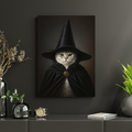 A framed oil painting of a cat dressed as a witch in a black cloak and hat, displayed in a