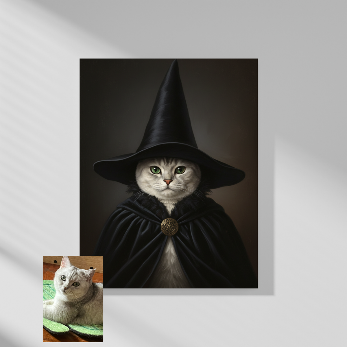 A framed print of a digital oil portrait featuring a silver tabby cat dressed as a witch in a black