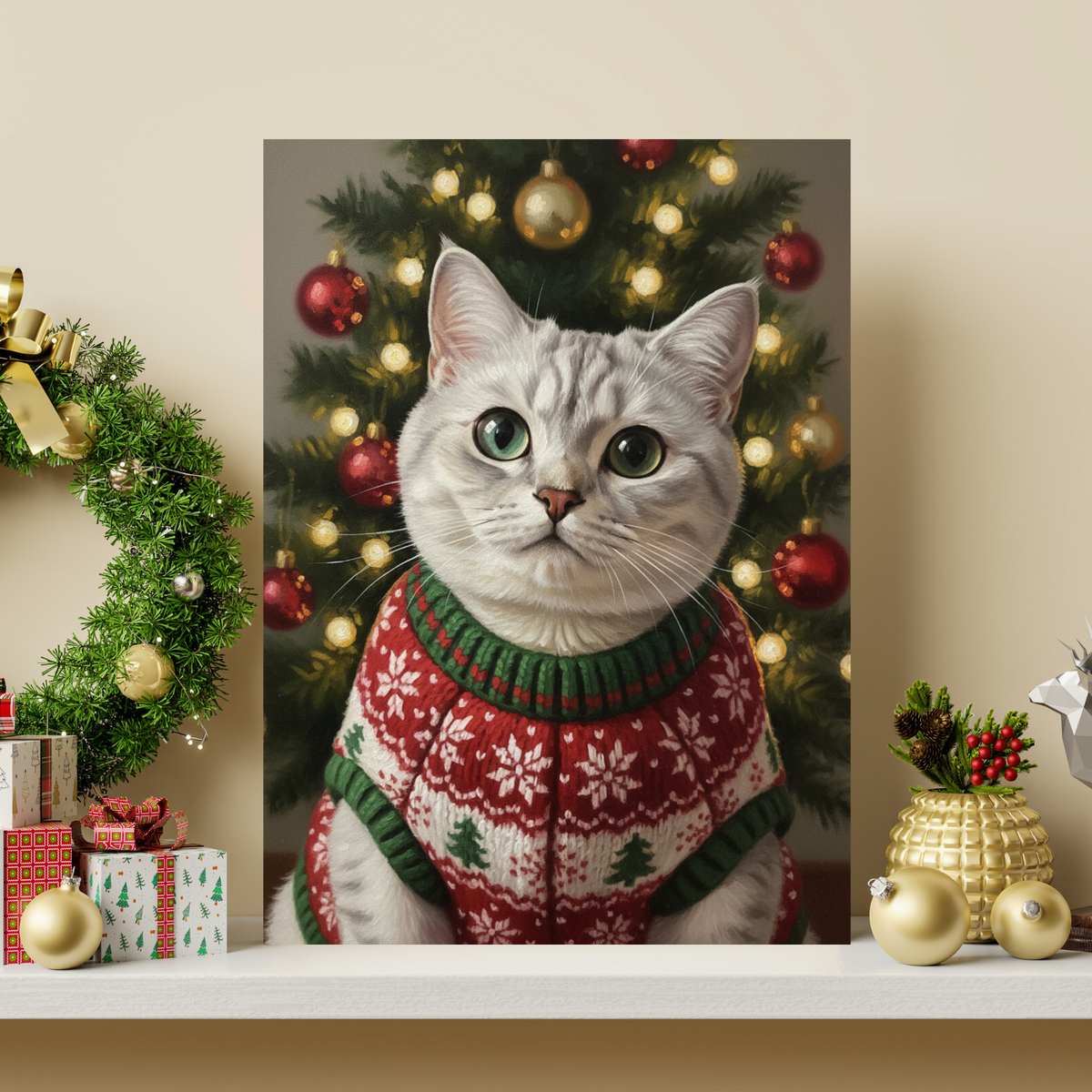 Framed oil-painting style portrait of a grey cat in a festive knit sweater, set against a twinkling Christmas tree.