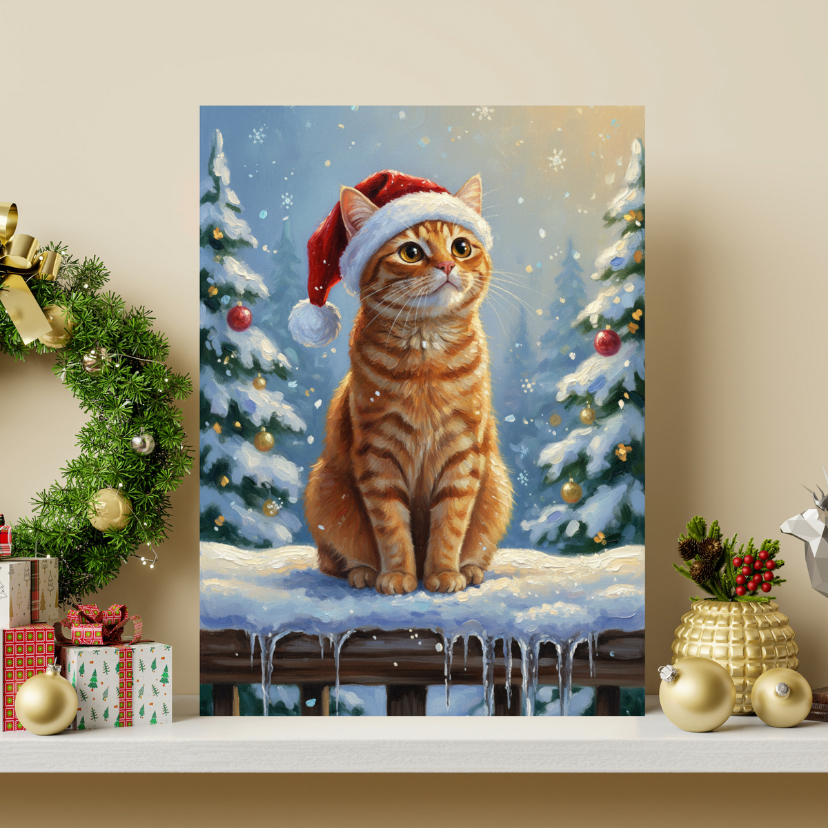 Framed oil painting portrait of an orange tabby cat wearing a Santa hat, set against a snowy winter wonderland background.