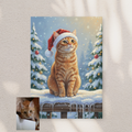 Framed Artzuzu oil painting portrait of an orange tabby cat wearing a Santa hat, set in a snowy, festive winter