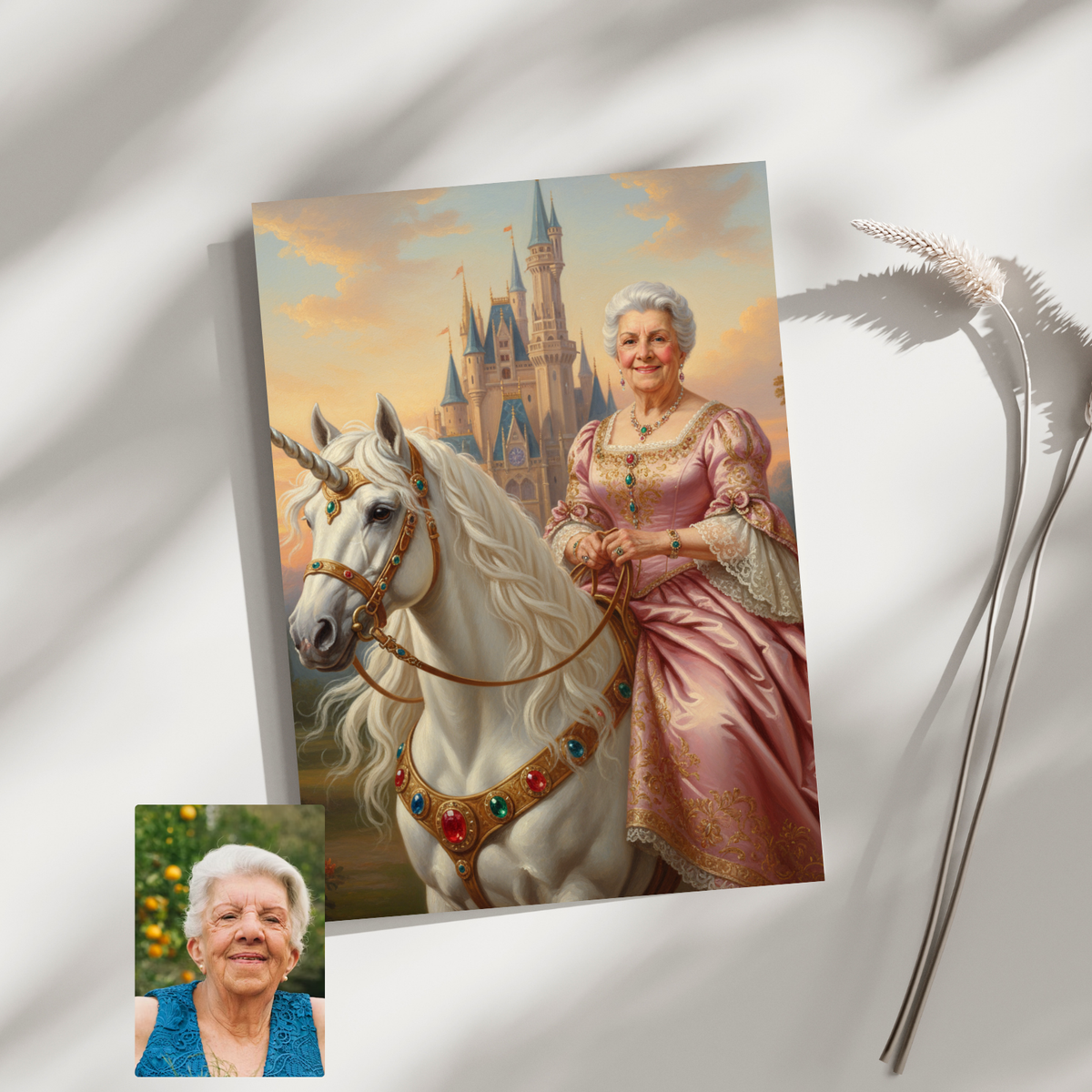 Custom oil-painting style portrait of a smiling older woman in a pink gown, riding a unicorn before a fairytale castle.
