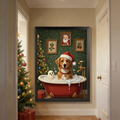 Framed wall art of a golden dog in a Santa hat, enjoying a Christmas bubble bath with a ghost in