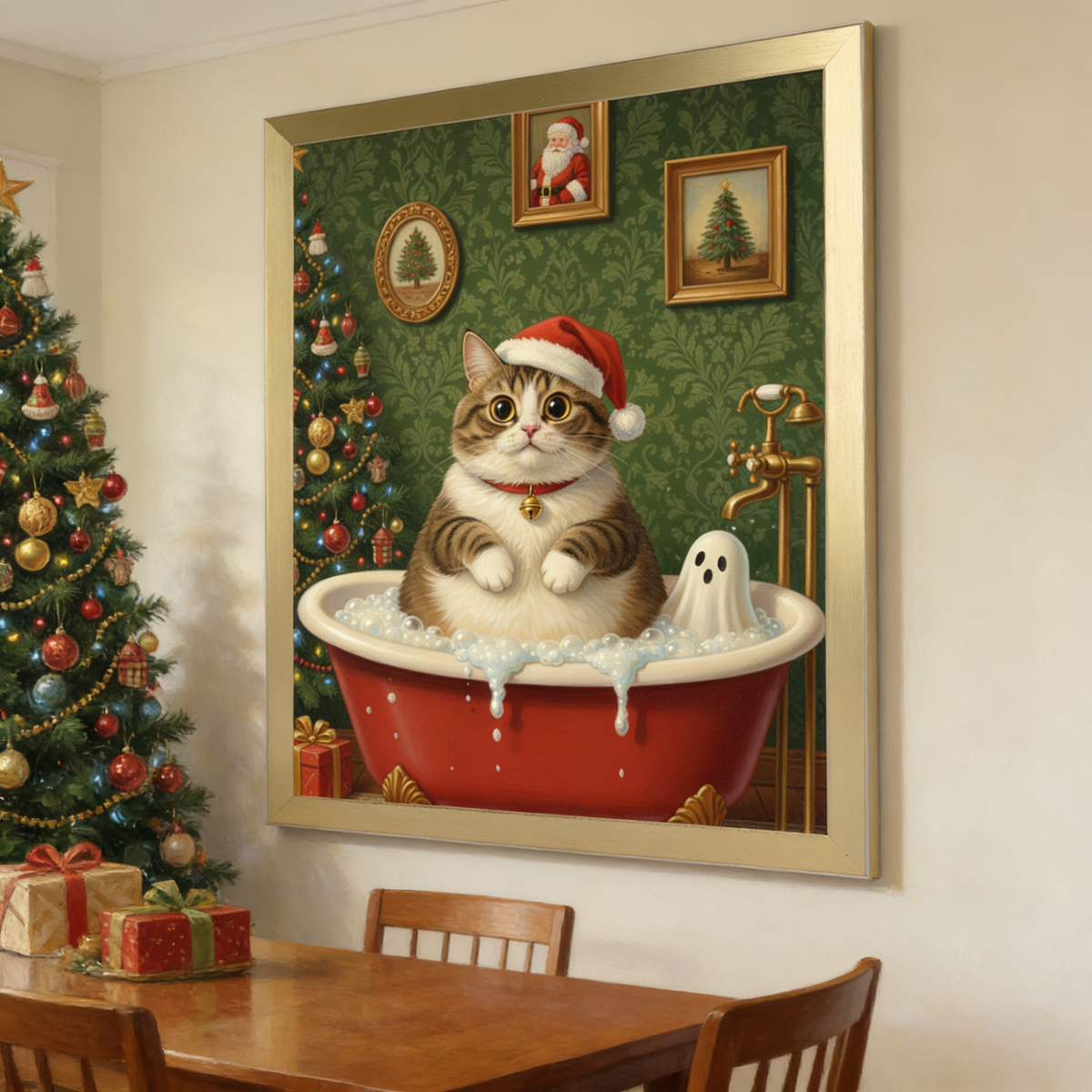 Framed oil-style portrait of a chubby tabby cat in a Santa hat and bubble bath with a ghost, displayed in