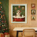 Framed oil painting print of a chubby cat in a Santa hat bathing with a ghost, displayed in a festive