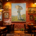 A framed oil painting of a cat dressed in a white gown holding a parasol, displayed on a rustic brick