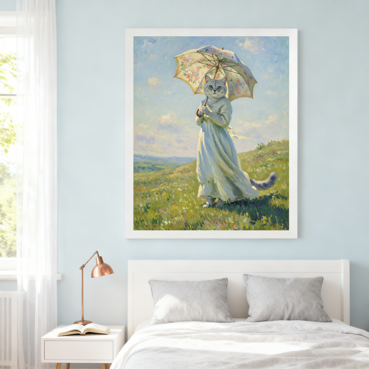 Framed print in a bedroom featuring an oil painting of a cat wearing a white Victorian dress and holding a