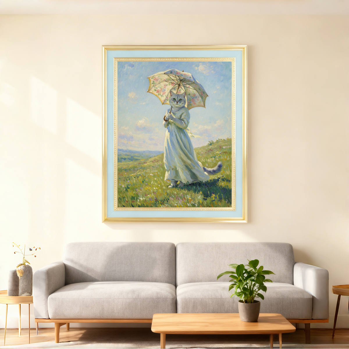 Framed oil painting print of a cat in a white dress holding a parasol, standing in a sunny, impressionistic field.