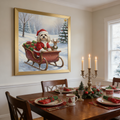 Framed oil painting of a dog in a Santa suit riding a sleigh with a reindeer in a snowy forest,