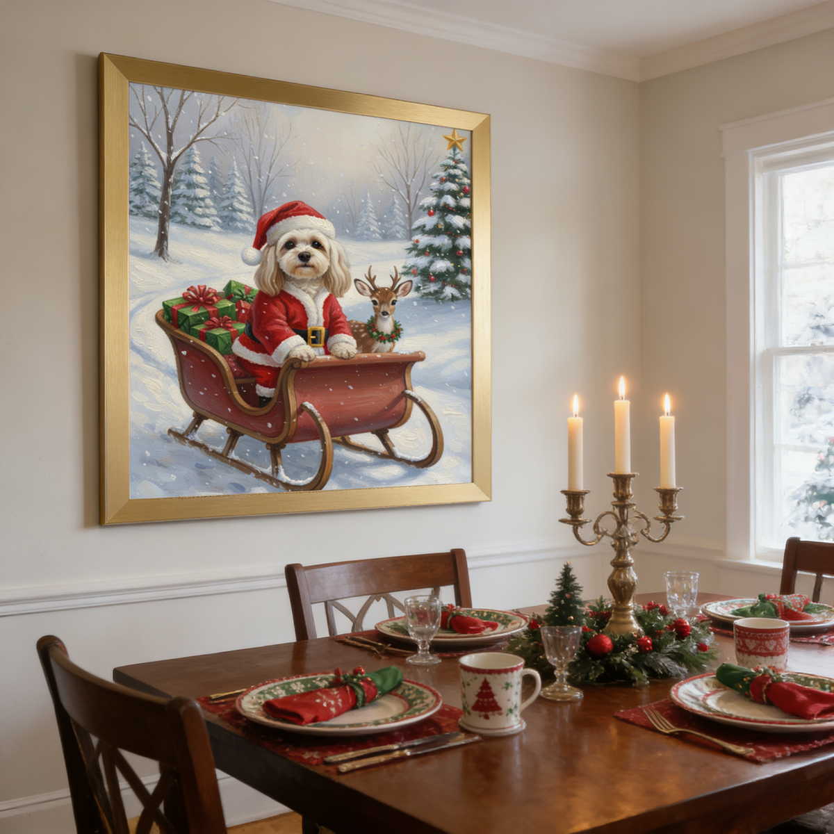 Framed oil painting of a dog in a Santa suit riding a sleigh with a reindeer in a snowy forest,