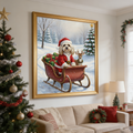 Framed oil painting print of a dog dressed as Santa in a sleigh with a deer, displayed in a festive