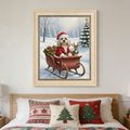 A framed oil painting of a dog in a Santa suit riding a sleigh with a reindeer in a snowy,
