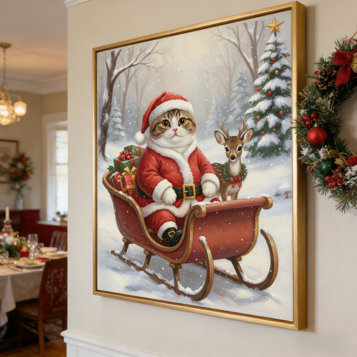 Framed oil painting of a cat dressed as Santa in a sleigh with a deer, set in a snowy forest