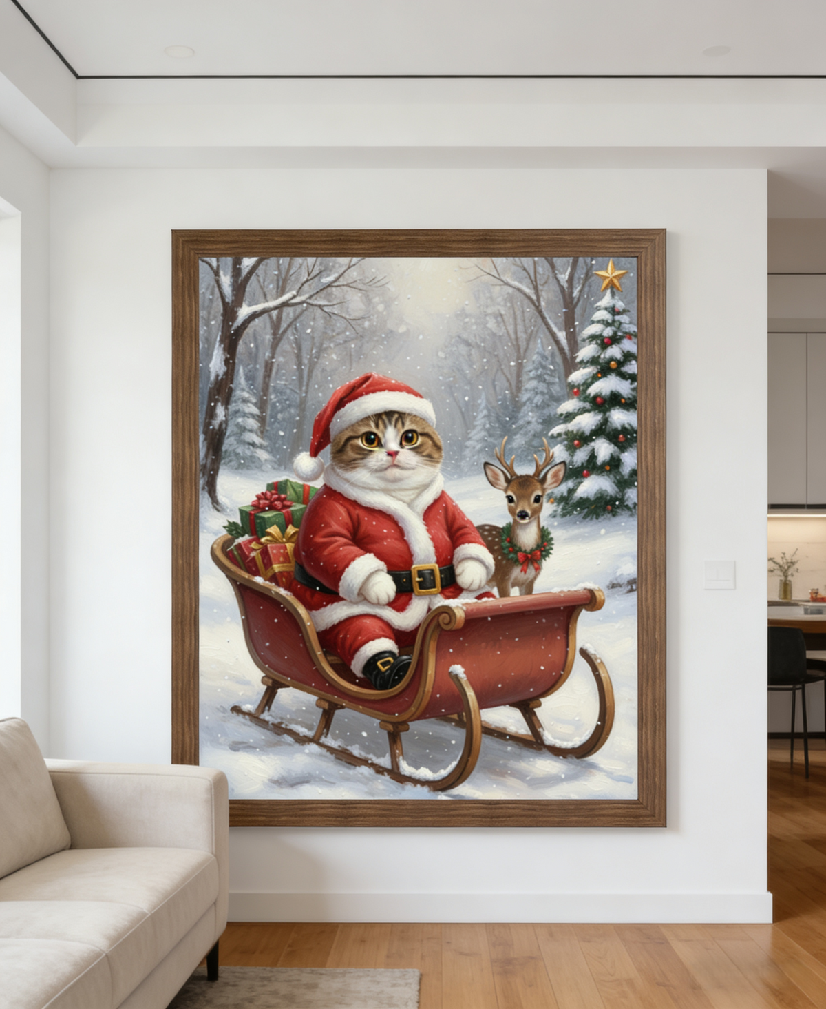 Framed oil-style painting of a cat dressed as Santa sitting in a sleigh with a reindeer in a snowy forest